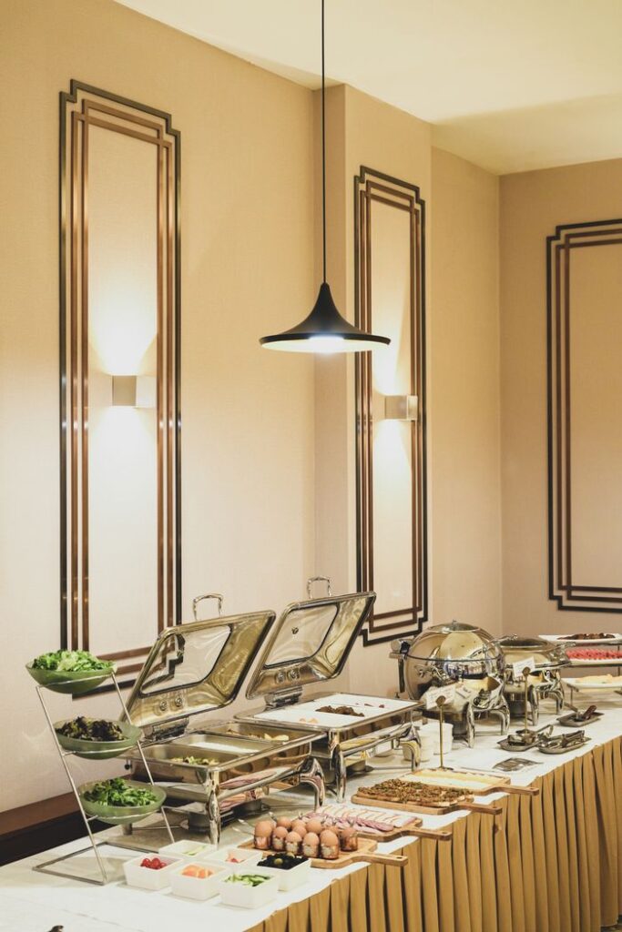Luxurious buffet arrangement with diverse dishes in an elegant Ulaanbaatar restaurant setting.
